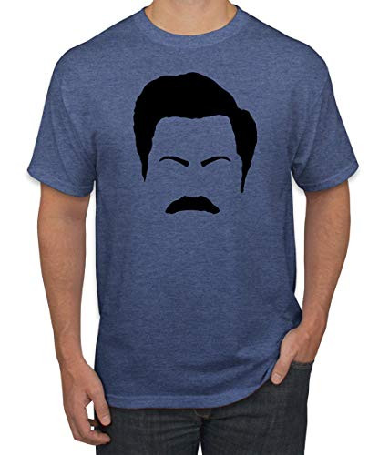 Parks and Rec Fans Ron Swanson Mustache Face Silhouette - Mens Pop Culture Graphic T-Shirt- Vintage Heather Blue- Medium