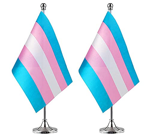 ZXvZYT 2 Pack Pride Rainbow Transgender flag Trans table flag-Small Mini LGBT Desk Flags With Stand Base-American Rainbow Mardi Gras Party Decorations Supplies