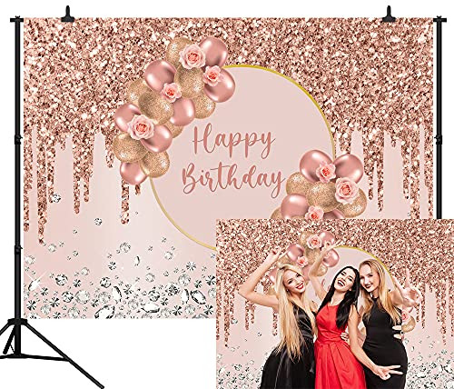 CapiSco Pink Rose Golden Birthday Party Backdrop Glitter Diamonds Flower Balloon Happy Birthday Background for Women Sweet 16 18th 21th Birthday Party Decor Cake Table Banner Supplies 7x5ft SCO294A