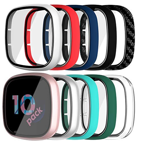 KPYJA 10-Pack Tempered Glass Screen Protector with Hard PC Case Compatible with Fitbit Versa 3/Sense- All-Around Protective Screen Full Cover Bumper Compatible for Fitbit Sense/Versa 3 Smart Watch