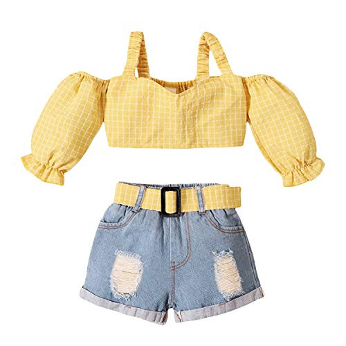 Toddler Baby Girls Clothes Off Shoulder Ruffle Sleeve Crop Tank Tops Ripped Denim Shorts 2Pcs Summer Outfit Set -Yellow - 12-18 Months -