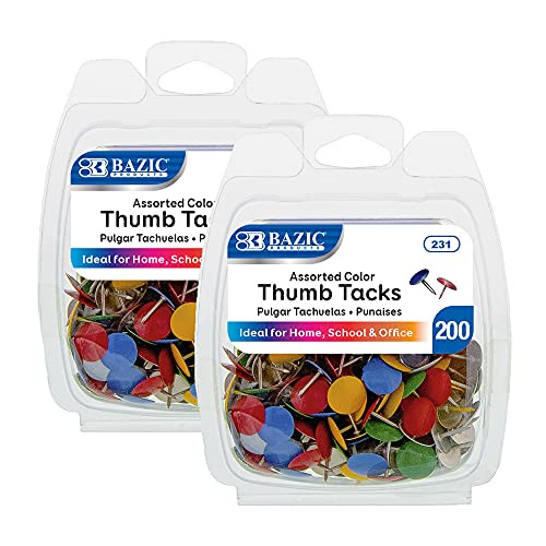 BAZIC Push Pins- Assorted Color Flat Head Steel Point Thumb Tacks Pin for Cork Bulletin Board Map Posters Picture Office School -200/pack-- 2-Packs