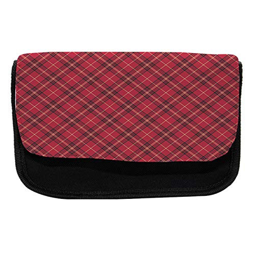 Lunarable Buffalo Plaid Pencil Case- Rhombus Check Motif- Fabric Pen Pencil Bag with Double Zipper- 8.5" x 5.5"- Dark Coral Charcoal Grey Earth Yellow