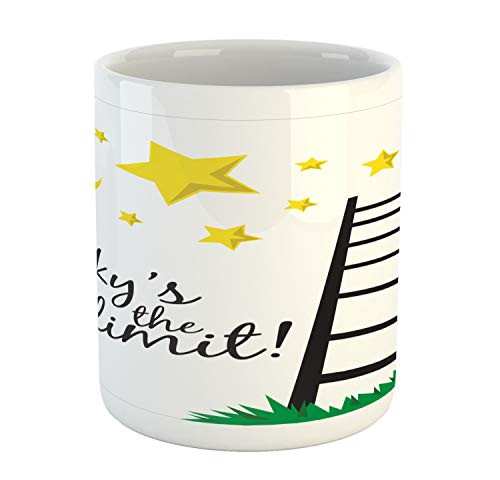 Lunarable Uplifting Mug- Sky's Limit Text with Stars and a Ladder on Grass- Ceramic Coffee Mug Cup for Water Tea Drinks- 11 oz- Charcoal Grey Fern Green