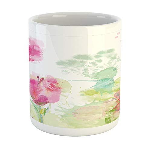 Lunarable Tulip Mug- Abstract Modern Art Watercolor Smudged Flower with Stained or Splashed Paint- Ceramic Coffee Mug Cup for Water Tea Drinks- 11 oz- Multicolor
