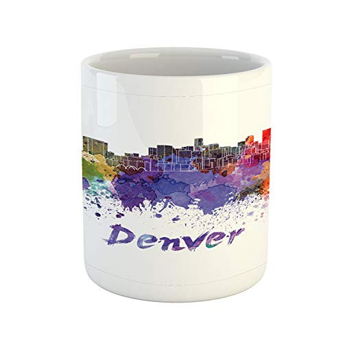 Ambesonne Denver Mug- Demonstration of Paint Splatters Forming a City Scene Along Wording Written by Hand- Ceramic Coffee Mug Cup for Water Tea Drinks- 11 oz- Multicolor