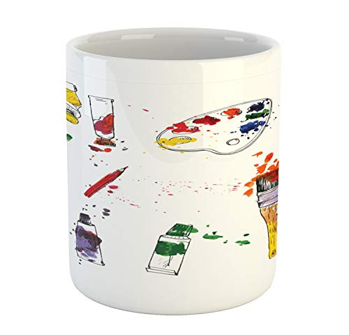 Ambesonne Art Mug- Watercolor Paint Splashes Materials Palette Paint Tubes Brushes with Paint Stains Print- Ceramic Coffee Mug Cup for Water Tea Drinks- 11 oz- Multicolor