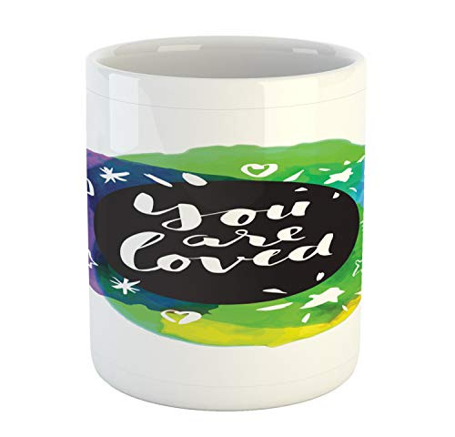 Ambesonne You Are Loved Mug- Loving Romantic Words on Colorful and Circular Paint Blobs Strokes Hearts- Ceramic Coffee Mug Cup for Water Tea Drinks- 11 oz- Multicolor
