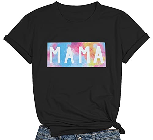 Mama Shirts Trendy Mom T-Shirts Women Mom Letter Printed Tee Shirt Mama Gifts Tee Tops -Black- L-