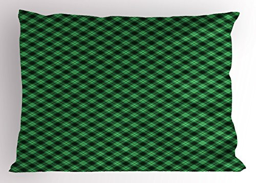 Ambesonne Plaid Pillow Sham- Diagonal Tartan Vibrant Green Color Geometrical Design with Stripes and Checks- Decorative Standard Size Printed Pillowcase- 26" X 20"- Green Black White