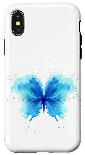 iPhone X/XS Blue Turquoise Watercolor Splash Paint Butterfly On White Case