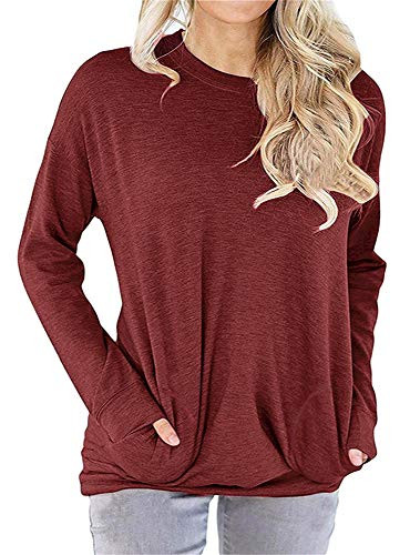 RJXDLT Women's Casual Long Sleeve Round Neck Sweatshirt Loose Soft with Pockets Pullover Blouse Tops Shirt Tunics Wine Red 3XL