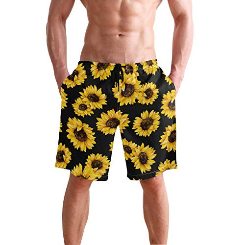CENHOME Mens Swim Trunks Yellow Blooming Sunflowers Black Beach Board Shorts