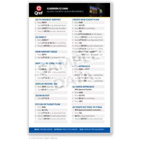 Garmin G1000 -WAAS  and  Non-WAAS- Qref Card Checklist -Qref Avionics Quick Reference-