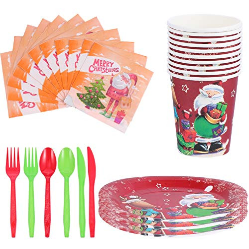Healifty 60Pcs Disposable Christmas Party Tableware Set Christmas Paper Plates And Napkins with Spoons Forks Knifes Christmas Table Decorations