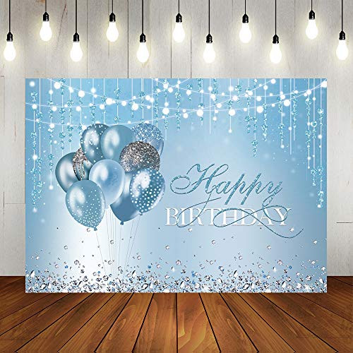 Lofaris Silver and Sky Blue Diamonds Birthday Photography Backdrop Sweet 16 18th 21th Birthday Background Balloons Glitter Lights Any Age Women Happy Birthday Party Decorations Cake Table Banner 7x5ft