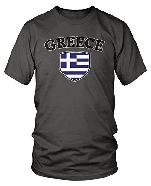 Amdesco Men's Greece Flag Shield- Greek Pride T-Shirt- Charcoal Grey XL