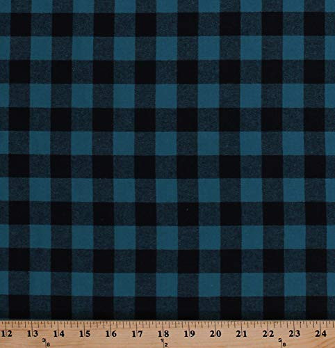 58" Flannel Aqua and Black Buffalo Plaid Checks Checked Squares Woven Cotton Flannel Fabric by The Yard -5095M-12A-