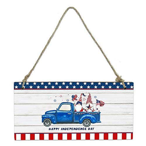 Printed Wood Plaque Sign Wall Hanging Independence Day 4th of July Sign for Wall Front Door Home Decorations Cute Gnome with Truck Patriotic American Flag