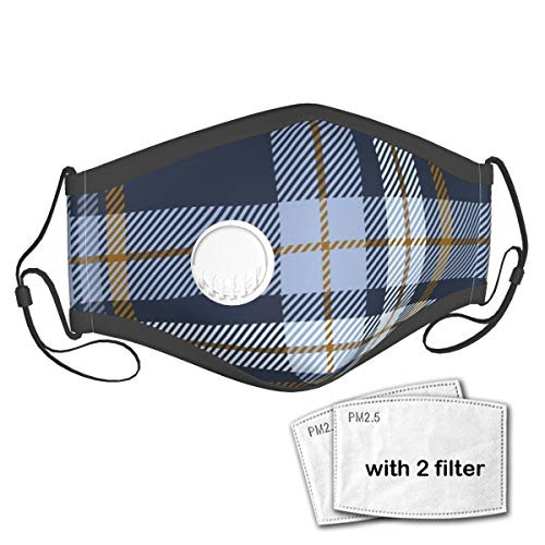 Plaid Check Patten Dusty Blue Faded Beauty Face Mask Cloth Face Cover Washable Reusable Face Covers Activated Carbon Filter Dust Mask with A Valve with 2 Filter