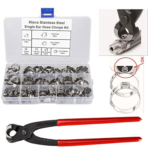 HanTof 304 Stainless Steel 80Pcs 7-21mm Single Ear Stepless Hose Clamps,Pinch Clamp Rings Assortment with Ear Clamp Pincers Kit