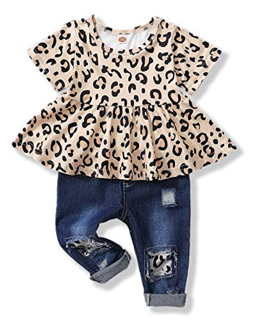 Toddler Girls Clothes 18 Months-12 Months Baby Girl Clothing Set-Cute Leopard Shirt Tops Denim Ripped Jeans Long Pant Infant Gift Outfit Set