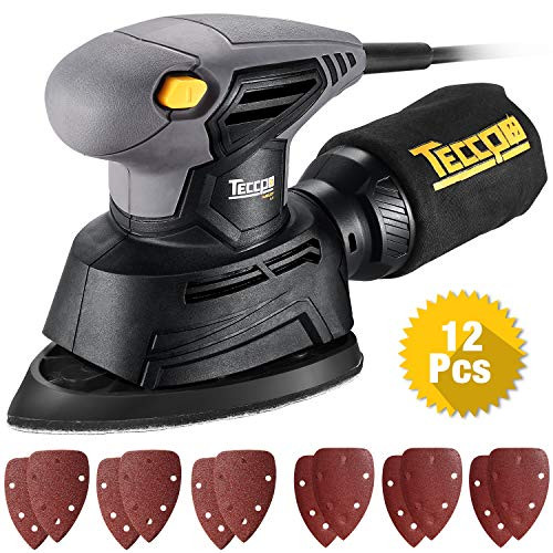 Mouse Detail Sander, TECCPO 1/4 1.1 Amp/14,000 OPM Mouse Detail Sander with 12 Pcs Sandpapers, Recyclable Dust Bag and High Performance Dust Collection System, Ideal for Detail Sanding-TAMS22P 