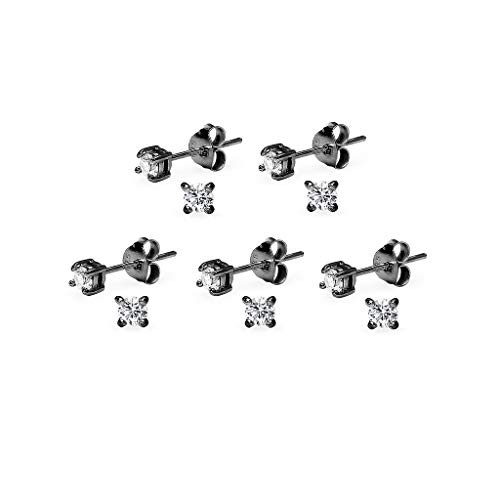 Sterling Silver Round Cut Cubic Zirconia Stud Earrings 2mm 5 Pair Set Women Black Rhodium Flashed