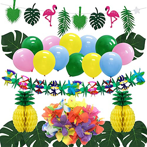 Hawaiian Pineapple Party Decorations- Luau Party Supplies Tropical Flamingo Palm Leaves Banner Hibiscus Flowers Pineapple Honeycomb Balls for Birthday Summer Beach Pool Party Home Decor