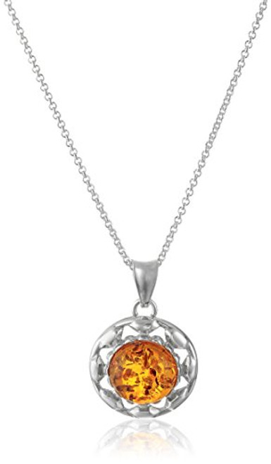 Honey Amber Sterling Silver Round with Chain Pendant Necklace- 18" Honey Amber Sterling Silver Round with Chain Pendant Necklace- 18"