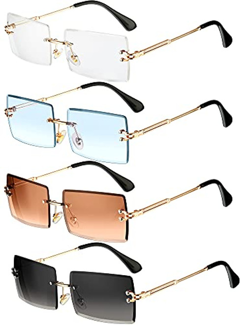 4 Pairs Rimless Rectangle Sunglasses Frameless Square Glasses Vintage Transparent Eyewear for Women Men -Classic Colors-