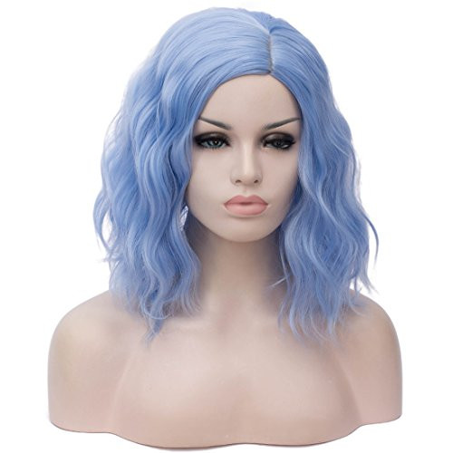 Cying Lin Short Bob Wavy Curly Wig Water Blue Wig For Women Cosplay Halloween Wigs Heat Resistant Bob Party Wig Include Wig Cap -Light Blue-