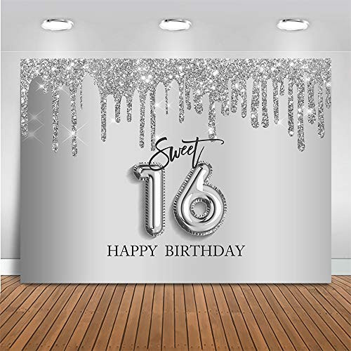 Mocsicka Sweet 16 Birthday Backdrop Shiny Glitter Rose Gold Princess Sweet Sixteen Photography Background for Girls Happy 16th Birthday Party Decorations -7x5ft -82x60 inch-- Silver-