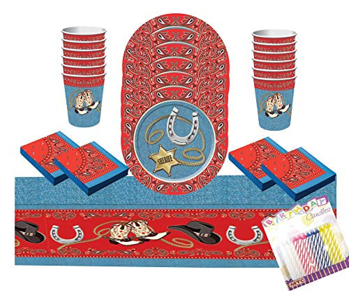 Western Party Supplies Pack Serves 16: Dessert Plates, Beverage Napkins Cups and Table Cover with Birthday Candles (Bundle for 16)