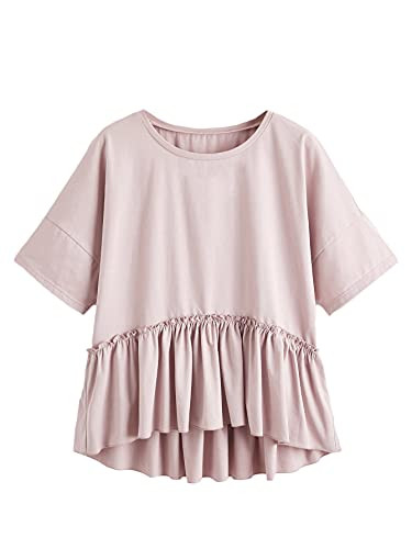 Romwe Women's Casual Short Sleeve Babydoll Tops High Low Round Neck T Shirt Tee Dusty Pink S