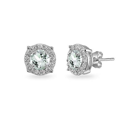 Sterling Silver Light Aquamarine  and  White Topaz 5mm Round Halo Stud Earrings for Women Girls