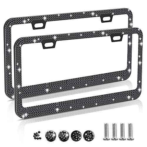 Rinestone License Plate Frames- 2 Pack Car License Plate Cover- Universal US Car Black License Plate Bracket Holder. Rust-Proof- Rattle-Proof- Weather-Proof Car Accessories