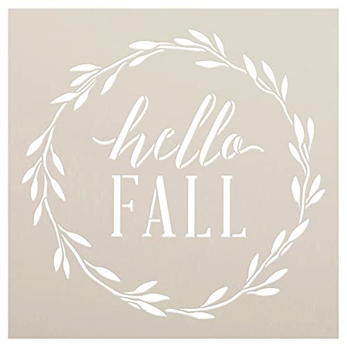 Hello Fall Wreath Stencil by StudioR12 - DIY Autumn Leaves Cursive Script Home Decor - Craft  and  Paint Wood Sign - Reusable Mylar Template - Select Size -9 inches x 9 inches-