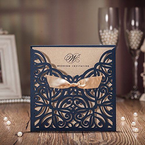 Wishmade Navy Blue Square Laser Cut Wedding Invitations Cards with Lace Bow Sleeve Cards for Engagement Birthday Quinceanera