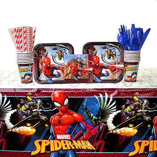 Spiderman Party Supplies Pack for 16 Guests: Straws, Dessert Plates, Beverage Napkins, Cups, Cutlery, and Table Cover (Bundle for 16)