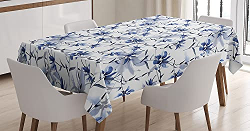 Ambesonne Japanese Tablecloth- Japanese Ink Paint with Flourishing Flower Patterns Oriental Eastern Imagery Print- Dining Room Kitchen Rectangular Table Cover- 60" X 84"- Blue