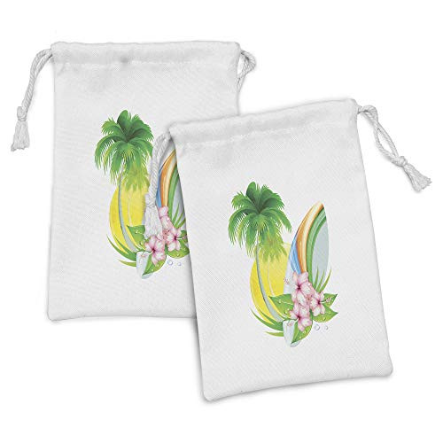 Lunarable Surf Fabric Pouch Set of 2- Illustration of Funky Summer Insignia with Palms and Surfboard Tidal Bore Print- Small Drawstring Bag for Toiletries Masks and Favors- 9" x 6"- Green Yellow Pink