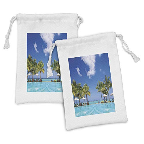 Lunarable Coastal Fabric Pouch Set of 2- Tropical Beach in Mauritius Swimming Pool and Sunbeds with Coconut Palm Trees- Small Drawstring Bag for Toiletries Masks and Favors- 9" x 6"- Blue Aqua Green