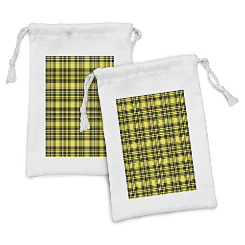 Lunarable Yellow Buffalo Check Fabric Pouch Set of 2- Tartan Pattern Formed with Horizontal and Vertical Stripes- Small Drawstring Bag for Toiletries Masks and Favors- 9" x 6"- Yellow Charcoal Grey