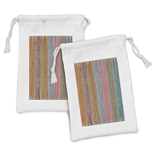 Lunarable Wood Print Fabric Pouch Set of 2- Watercolor Effect on Rustic Boards Grunge Weathered Timber with Worn out Paint- Small Drawstring Bag for Toiletries Masks and Favors- 9" x 6"- Multicolor