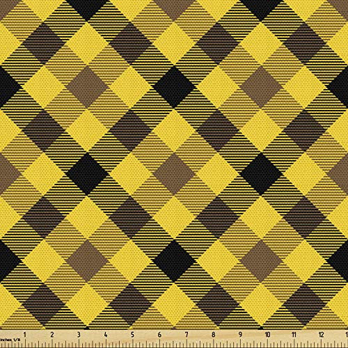 Ambesonne Yellow Brown Fabric by The Yard- Continuous Classic Striped Style Diagonal Square Check- Decorative Fabric for Upholstery and Home Accents- Mustard Umber