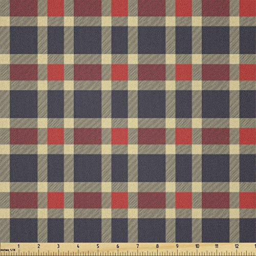 Ambesonne Checkered Fabric by The Yard- Vintage Plaid Scottish Tartan Pattern with Retro Display Checks Lines- Microfiber Fabric for Arts and Crafts Textiles  and  Decor- 1 Yard- Dark Blue Coral Cream