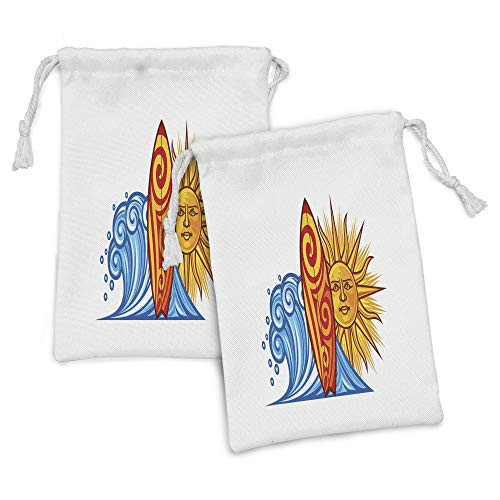 Ambesonne Ride the Wave Fabric Pouch Set of 2- Ocean Sun and Surfboard Print Lifestyle Summer Freedom Image- Small Drawstring Bag for Toiletries Masks and Favors- 9" x 6"- Vermilion Yellow Blue