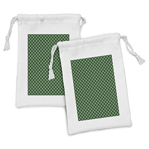 Ambesonne Plaid Fabric Pouch Set of 2- Diagonal Tartan Vibrant Green Color Geometrical Design Stripes Checks- Small Drawstring Bag for Toiletries Masks and Favors- 9" x 6"- Green Black White