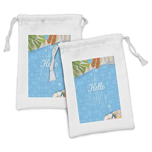 Ambesonne Hello Summer Fabric Pouch Set of 2- Top View of Swimming Pool with Clean Water Flip Flops and Flippers Fun Holiday- Small Drawstring Bag for Toiletries Masks and Favors- 9" x 6"- Multicolor